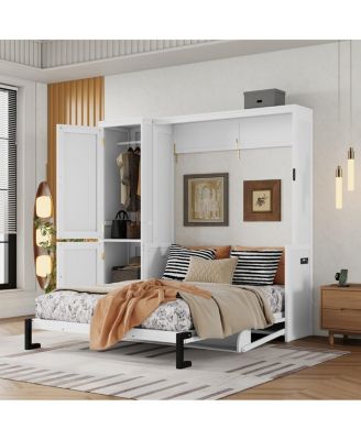  Queen Size Wood Murphy Bed with Wardrobe & Desk