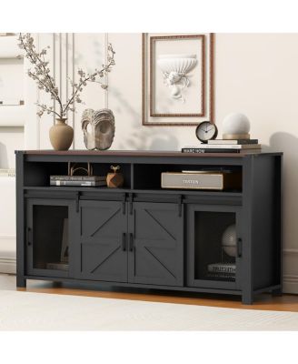 59.3" Farmhouse Barn Door Sideboard with Mesh Panels and Open Storage