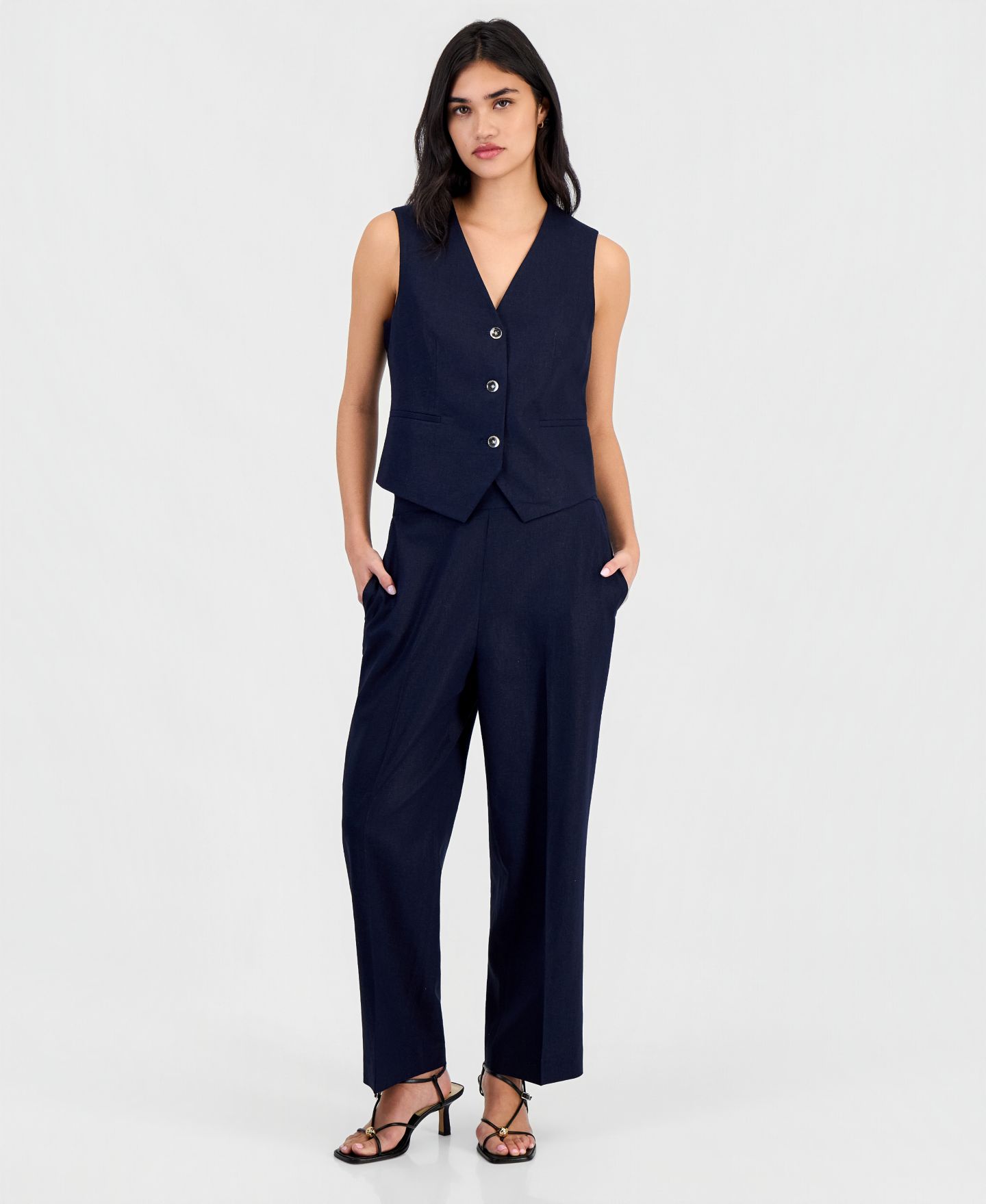 Женские брюки Bar III Pull-On Linen-Blend, цвет: Тёмно-синий — фото 1