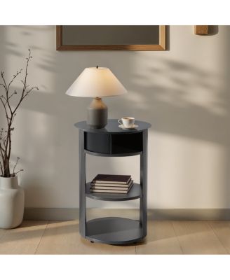 Indoor 3-Tier Metal Round Side Table with Sliding Door Cabinet, Matte Black