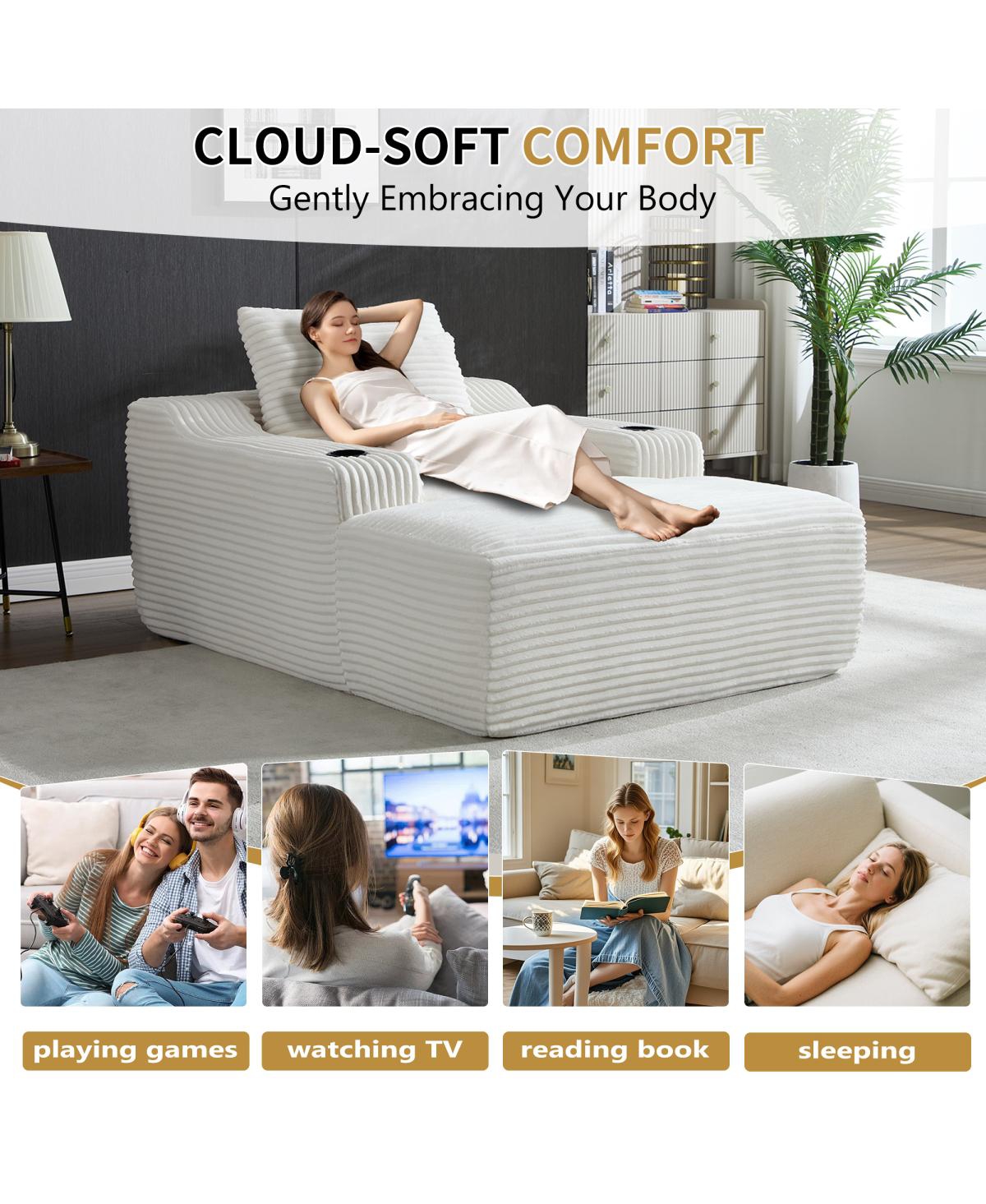 Streamdale Furniture 67" Corduroy Chaise Lounge Sleeper Sofa with Armrest, White