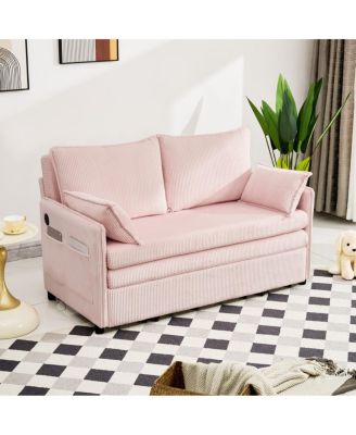 55" Convertible Sofa Bed with USB Ports, Modern Corduroy Couch, Pink