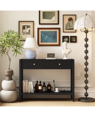  Console Table with Drawers, Narrow Wood Accent Sofa Table, Black