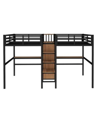 Twin Over Twin Metal Loft Bed with Double Desk, Wardrobe, Shelves & Outlet