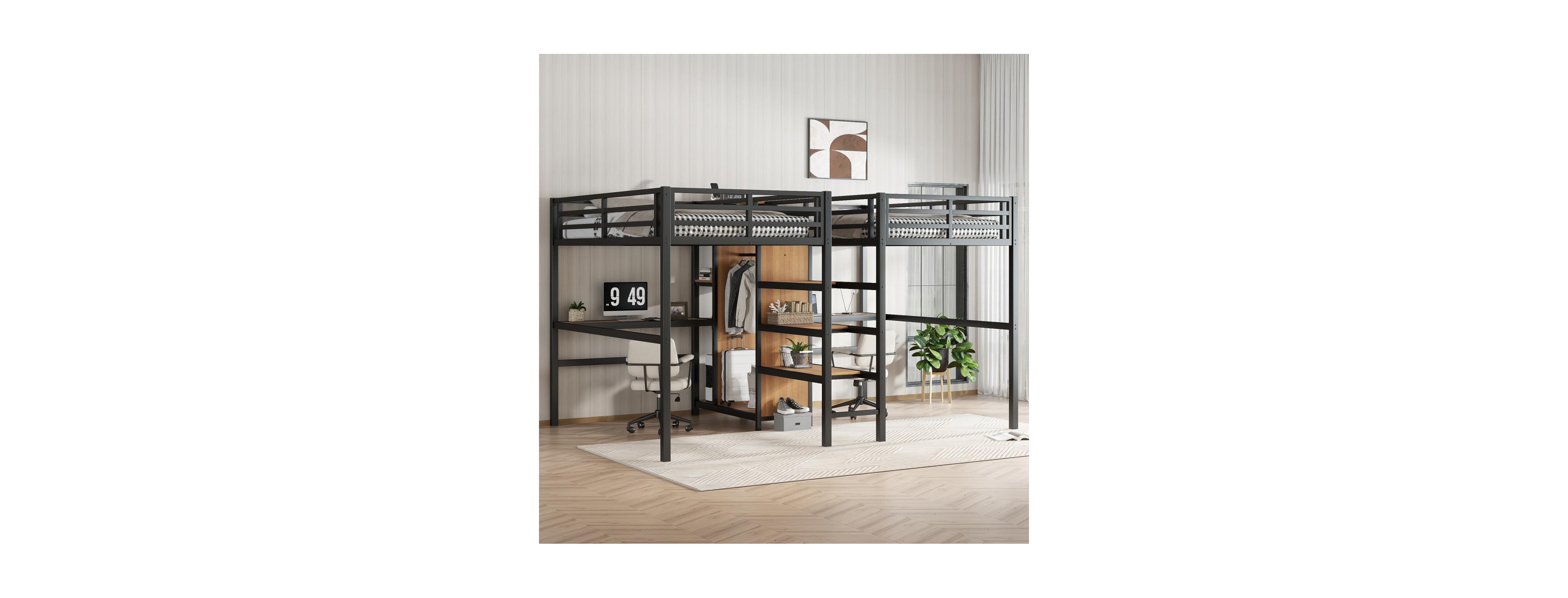 Streamdale Furniture Twin Over Twin Metal Loft Bed with Double Desk, Wardrobe