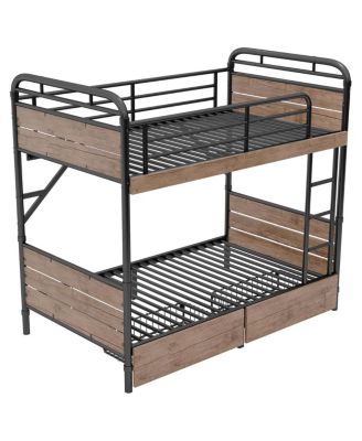 Twin XL over Twin XL Metal Bunk Bed with LED & Charge Station, 2 Drawers