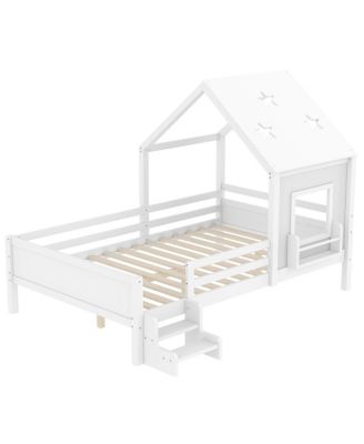 Full House Bed with Low-Profile Stairs, Window, Bookcase, Blackboard, Star Roof