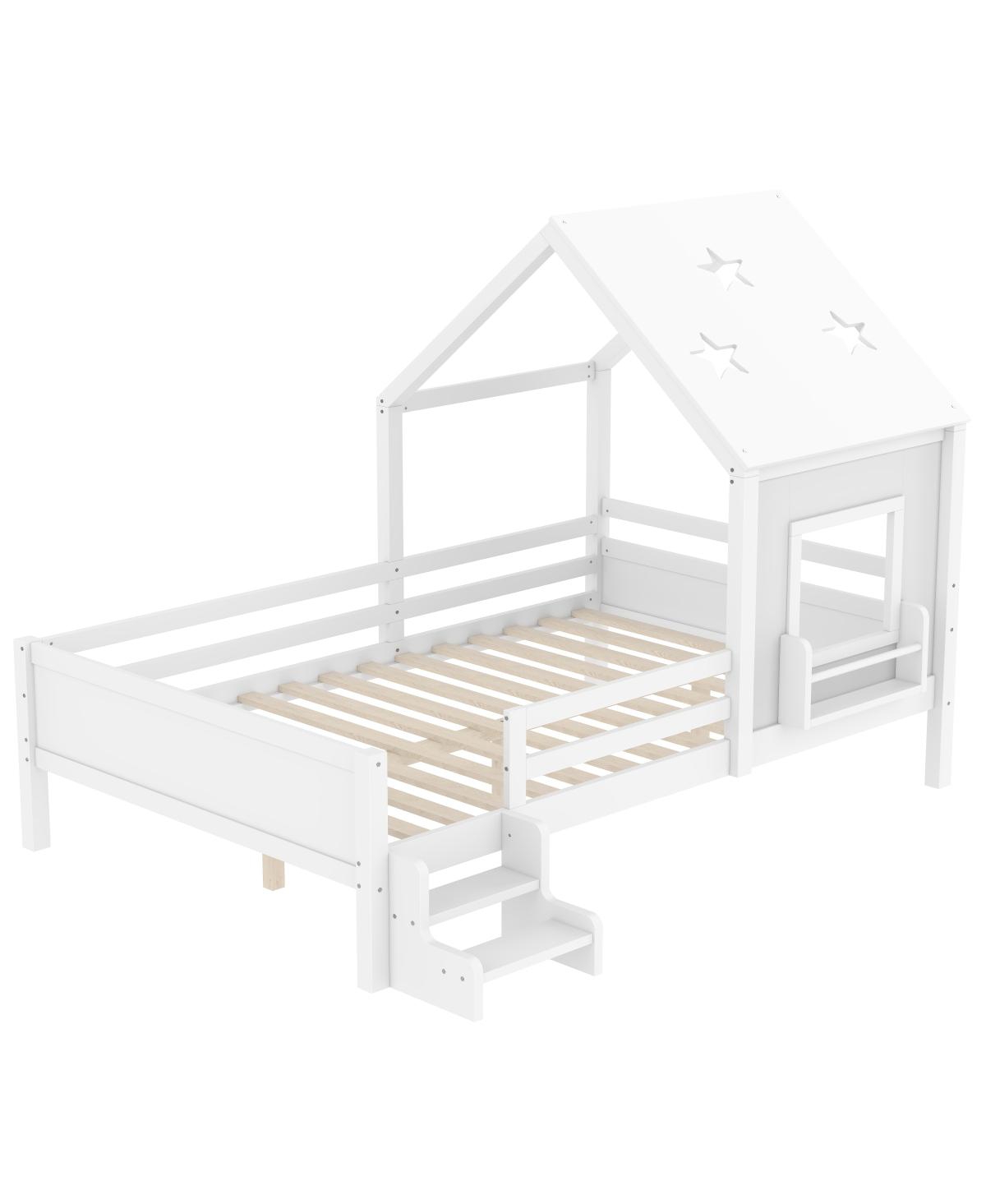 Streamdale Furniture Full House Bed with Low-Profile Stairs, Window, Bookcase, Blackboard, Star Roof