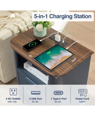 22" Fluted Nightstand with Charging Station, Modern Bedside Table with 2 Drawers and Open Storage for Living Room, Bedroom