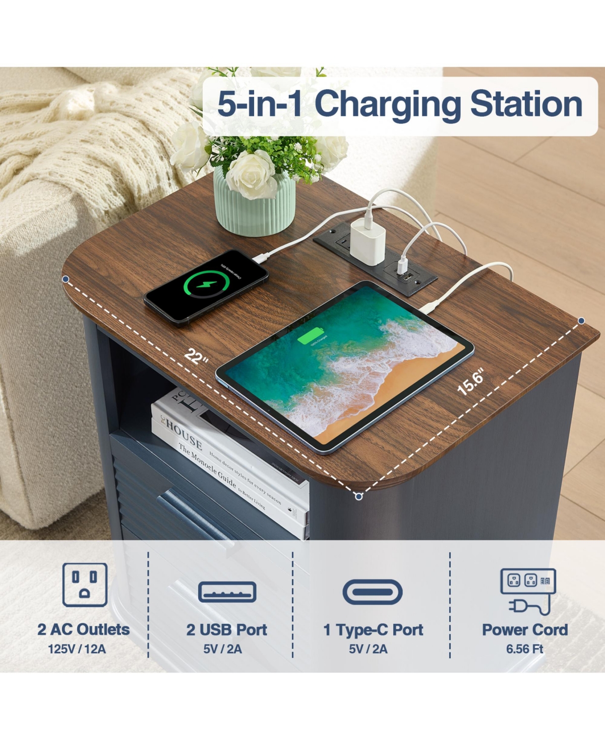 Rainsken 22" Fluted Nightstand with Charging Station, Modern Bedside Table with 2 Drawers and Open Storage for Living Room