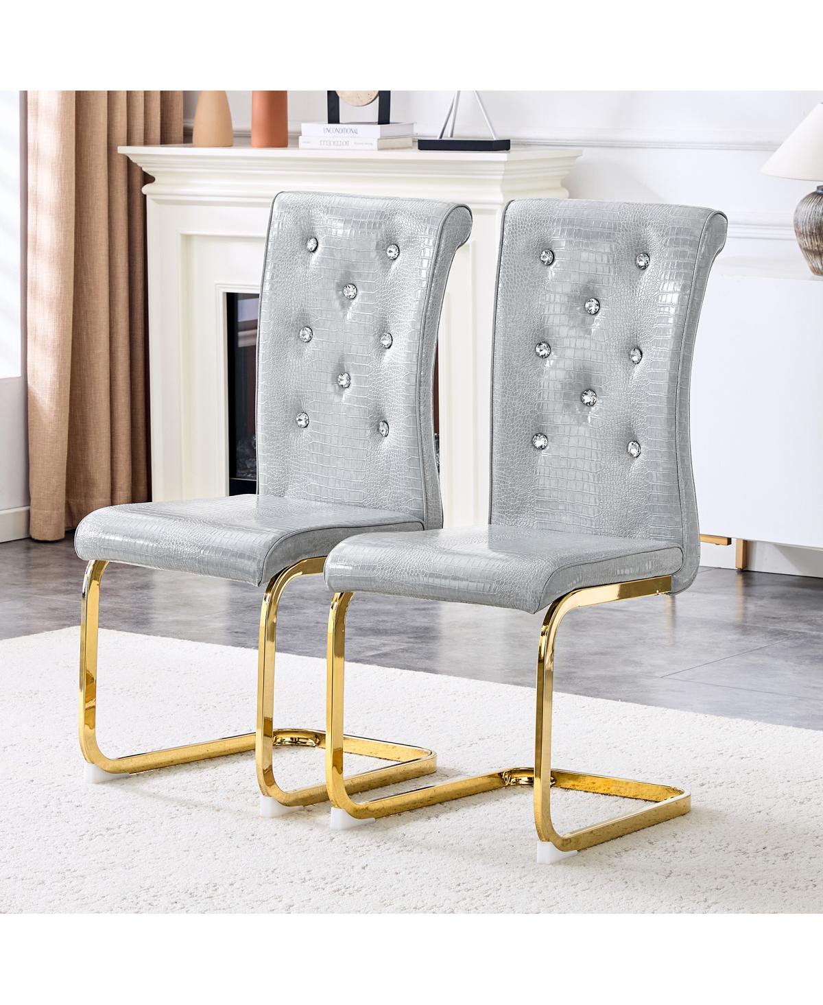 Streamdale Furniture Set of 2 Retro Alligator Upholstered Dining Chairs with Crystal Buckle & Gold Legs