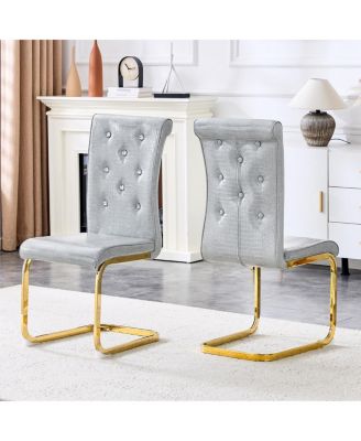 Set of 2 Retro Alligator Upholstered Dining Chairs with Crystal Buckle & Gold Legs