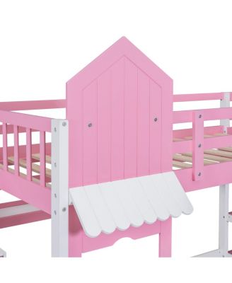 Twin-Over-Twin Castle Style Bunk Bed with 2 Drawers 3 Shelves and Slide - Pink