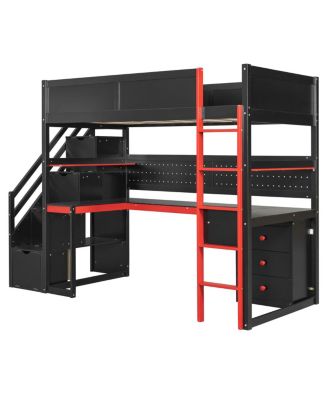 Twin Gaming Loft Bed with Storage Stairs, Desk, Shelves & Pegboard