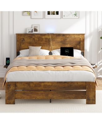 Farmhouse Queen Bed Frame w/ Storage Shelf, LED Lights & Charging Station
