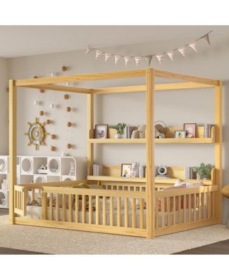 Canopy Bed with Guardrails & Shelves, Montessori Floor Bed Frame