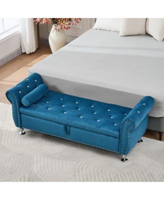 62.2" Soft Velvet Storage Bench with Crystal Buttons & Pillow