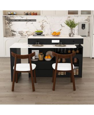 Kitchen Island Set with 2 Chairs, Extendable & Rotating Table, Marble Veneer, 4 Drawers & Cabinets