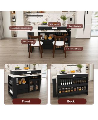 Kitchen Island Set with 2 Chairs, Extendable & Rotating Table, Marble Veneer, 4 Drawers & Cabinets