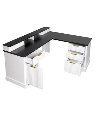 Modern Fluted L-Shaped Desk with Charging Station & Storage