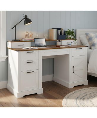 Farmhouse Office Desk with Charging Station & Storage Cabinet