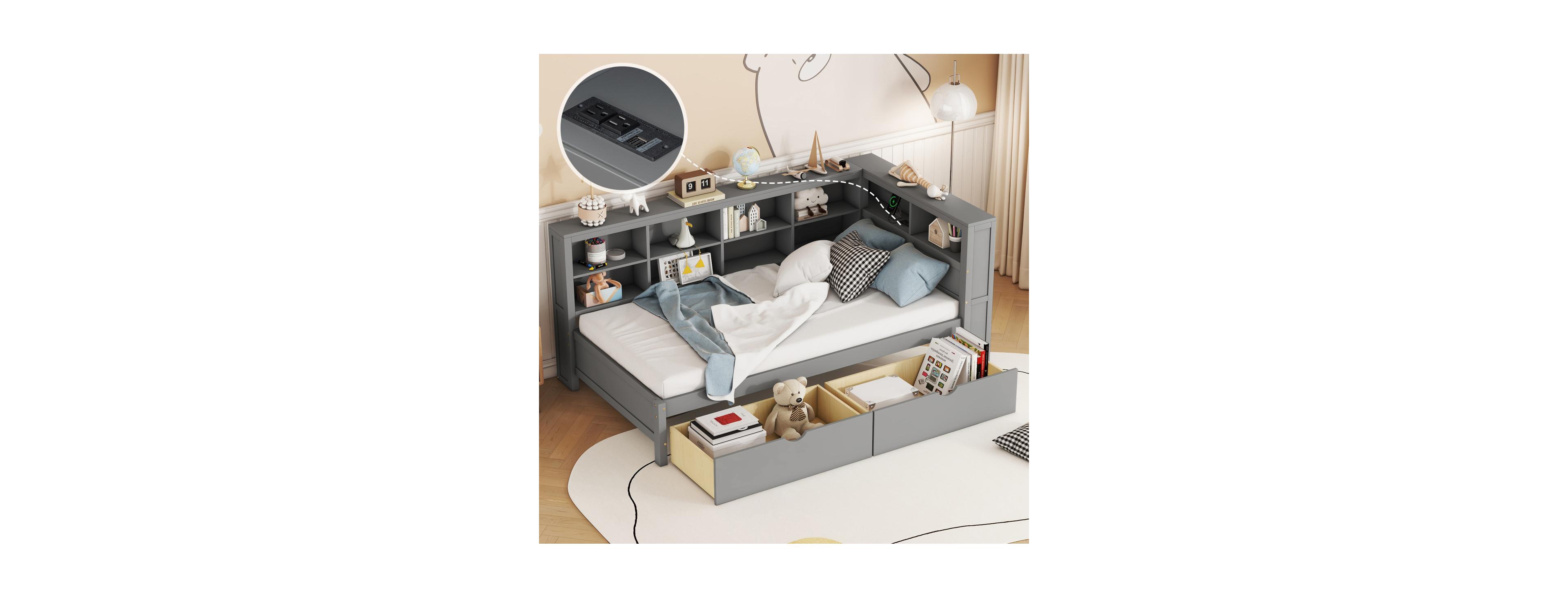 Streamdale Furniture Wooden Twin DayBed with 2 Drawers, Usb Charging Ports, Gray