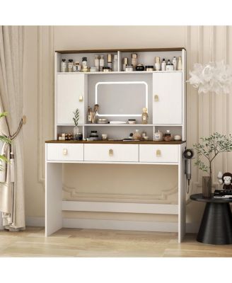 Streamdale Farmhouse Dressing Table with Lighted Mirror and Drawer, White