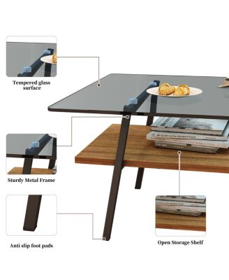 Rectangle Coffee Table, Tempered Glass, Black Metal Legs, Modern Living Room