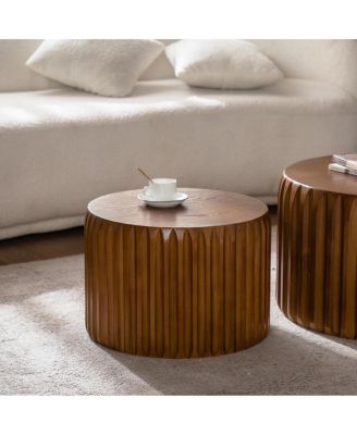 Set of 2 Fluted Round Coffee Tables - Solid Wood Nesting Center Table (26.77"/19.69")
