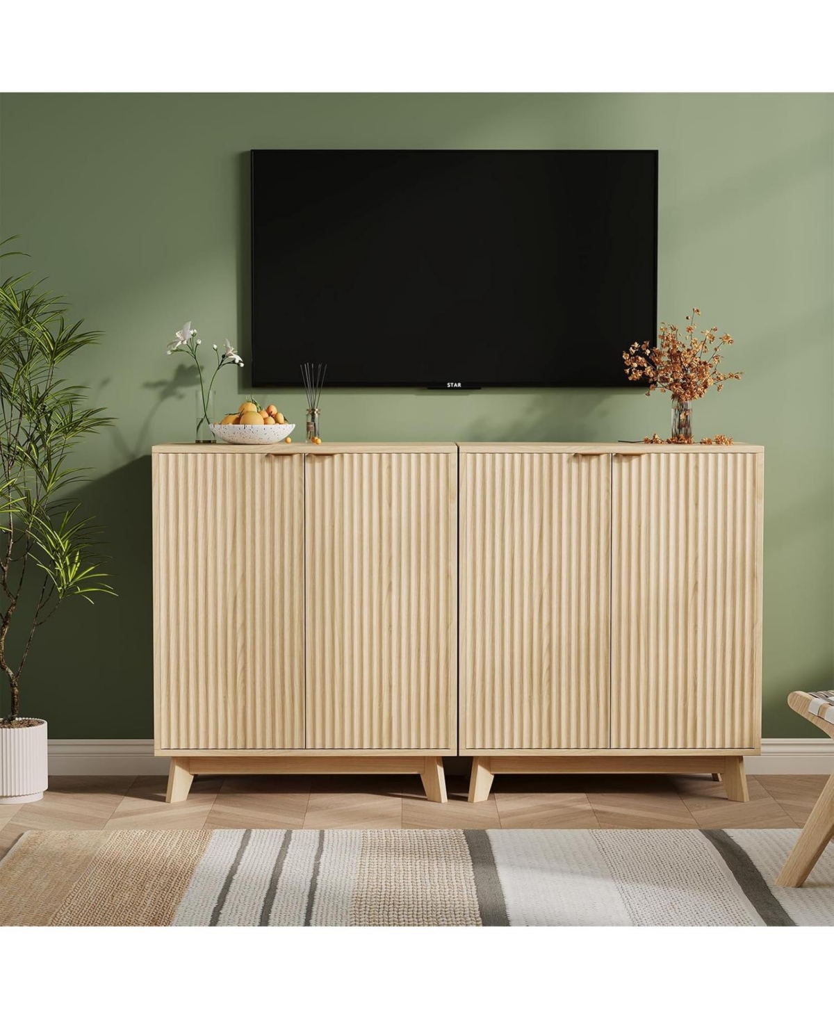 gaomon Fluted Accent Buffet Cabinet with Storage, 2-Door Mid-Century Sideboard with Adjustable Shelves, Beige/Khaki