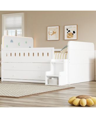 Wooden Full Size Bed with LED Light, Storage Drawers