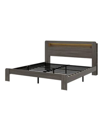 Wood King Bed Frame with Storage, LED Headboard, USB