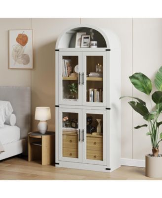 Arched Farmhouse Bookcase with Doors and Drawers, 71.4" Tall Display Cabinet