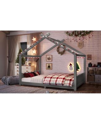 Full House Floor Bed with Support Slats, Solid Wood House Bed Frame for Kids, Gray