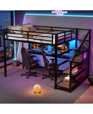 Full Loft Bed with Desk, Storage Stairs, LED Lights & USB Ports