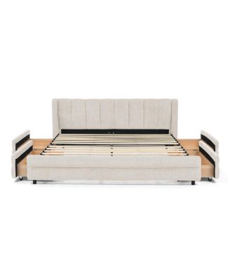 Queen Size Chenille Upholstered Bed Frame with Storage Drawer - Beige