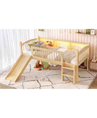 Loft Bed with Storage Shelves, Solid Wood, LED Lights, Guardrails