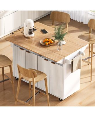 Streamdale  Furniture 55.5" Fluted Kitchen Island with 2 Drop Leaf, Storage Cart, Power Outlet, 4 Doors, Spice Rack, Rolling Table