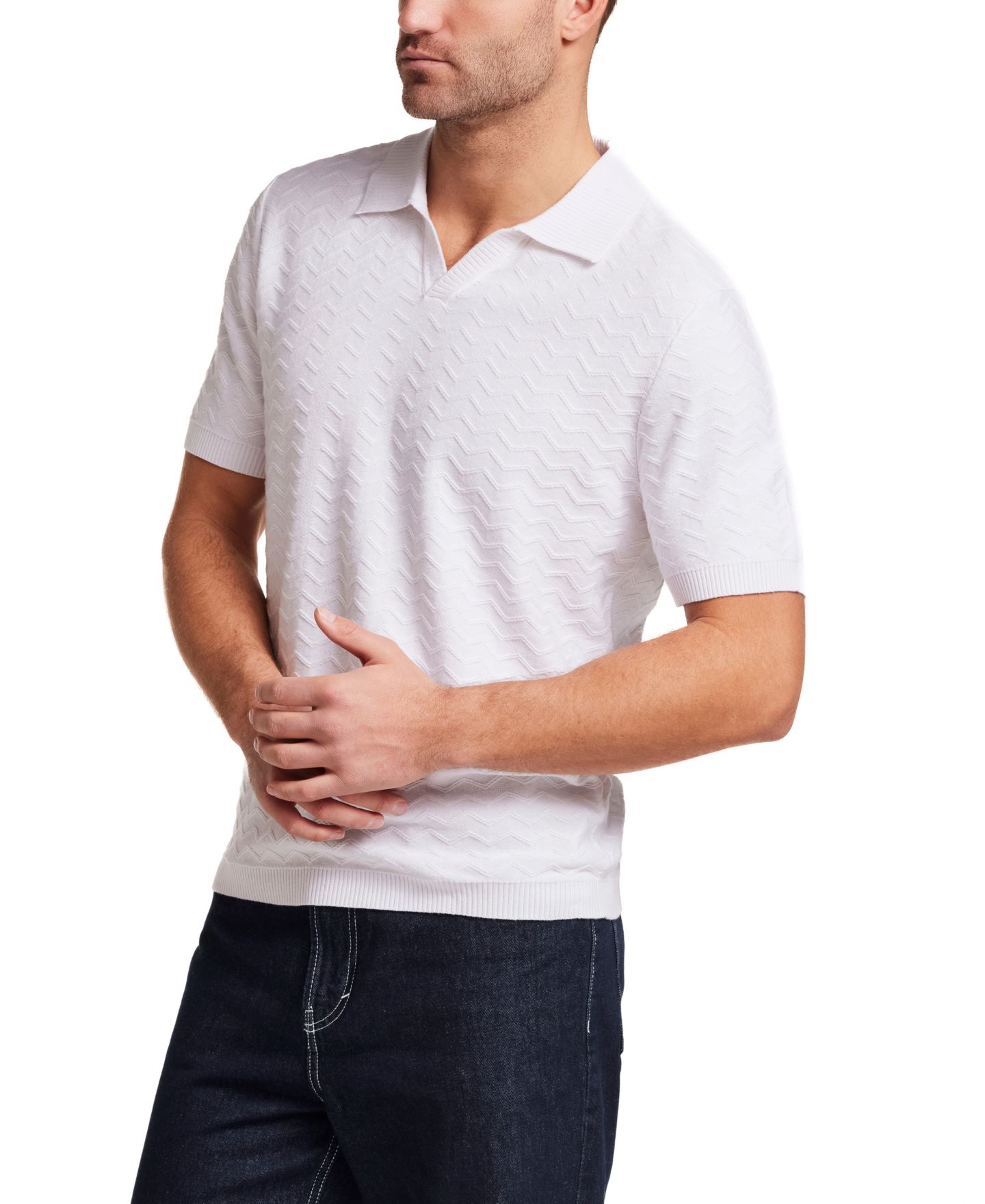 Мужской свитер Weatherproof Vintage Short-Sleeve Zigzag Johnny Collar Polo Sweater, цвет: Экрю — фото 3