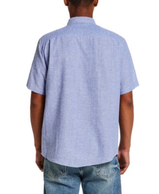 Men's Short-Sleeve Button Down Linen Cotton Vertical Dobby Striped Shirt