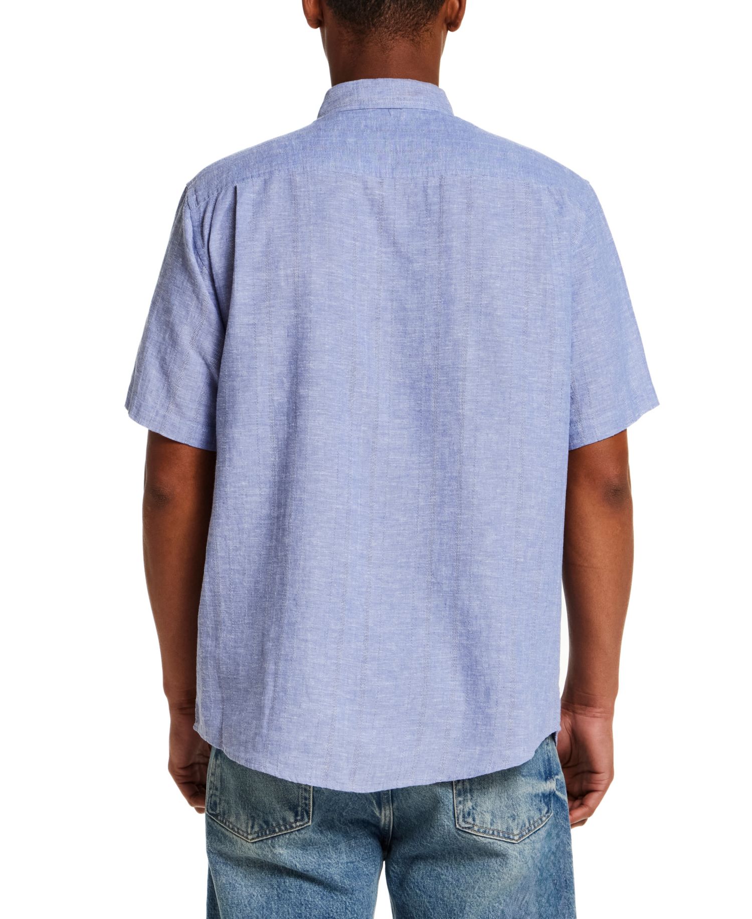 Men's Short-Sleeve Button Down Linen Cotton Vertical Dobby Striped Shirt