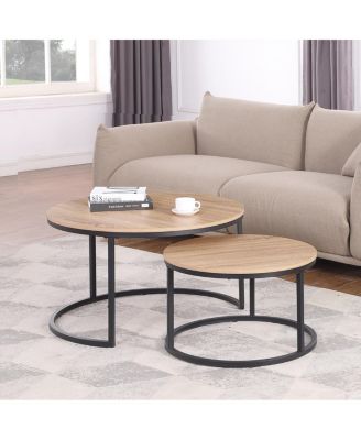 Round Nesting Coffee Table Set, 31.5" Oak & Metal, Modern Industrial Accent Furniture.
