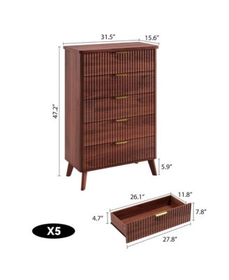 Fluted Dresser for Bedroom, 5 Deep Drawer Modern Wood Storage Chest