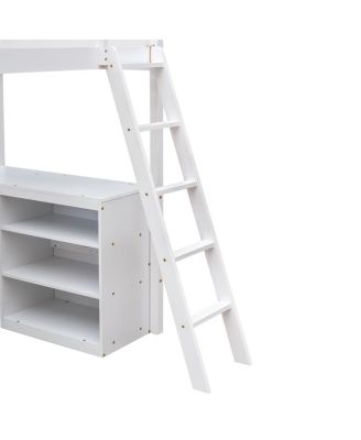 Twin size Loft Bed with Shelves and Desk, Wooden Loft Bed with Desk