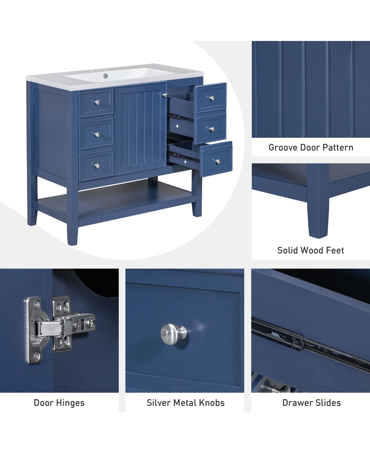 Cesicia 36in. Solid Wood and Mdf Board Bathroom Vanity with Sink, One Cabinet Three Drawers