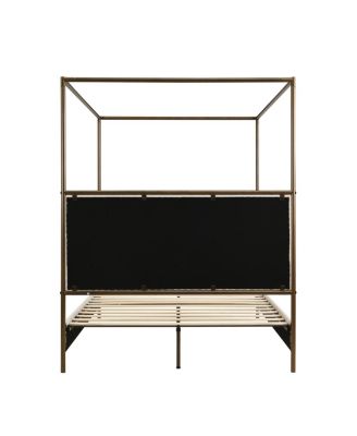 Canopy Bed Frame With Linen Upholstered Headboard, Iron Legs