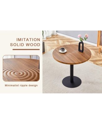 Dark Wood Grain Round Dining Table - 31.5 Inch, Black Metal Stand.