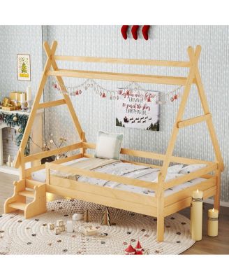 Twin House Platform Bed with Stairs, Solid Wood Twin Bed Frame, Low Profile