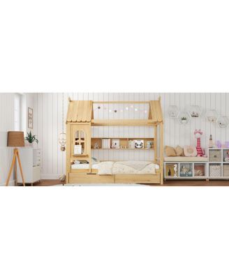  Twin House Bed with Storage Drawers and Shelves, Solid Wood