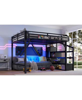  Queen Loft Bed with Storage Stairs, Shelves, Wardrobe, USB, LED, Black Woodgrain